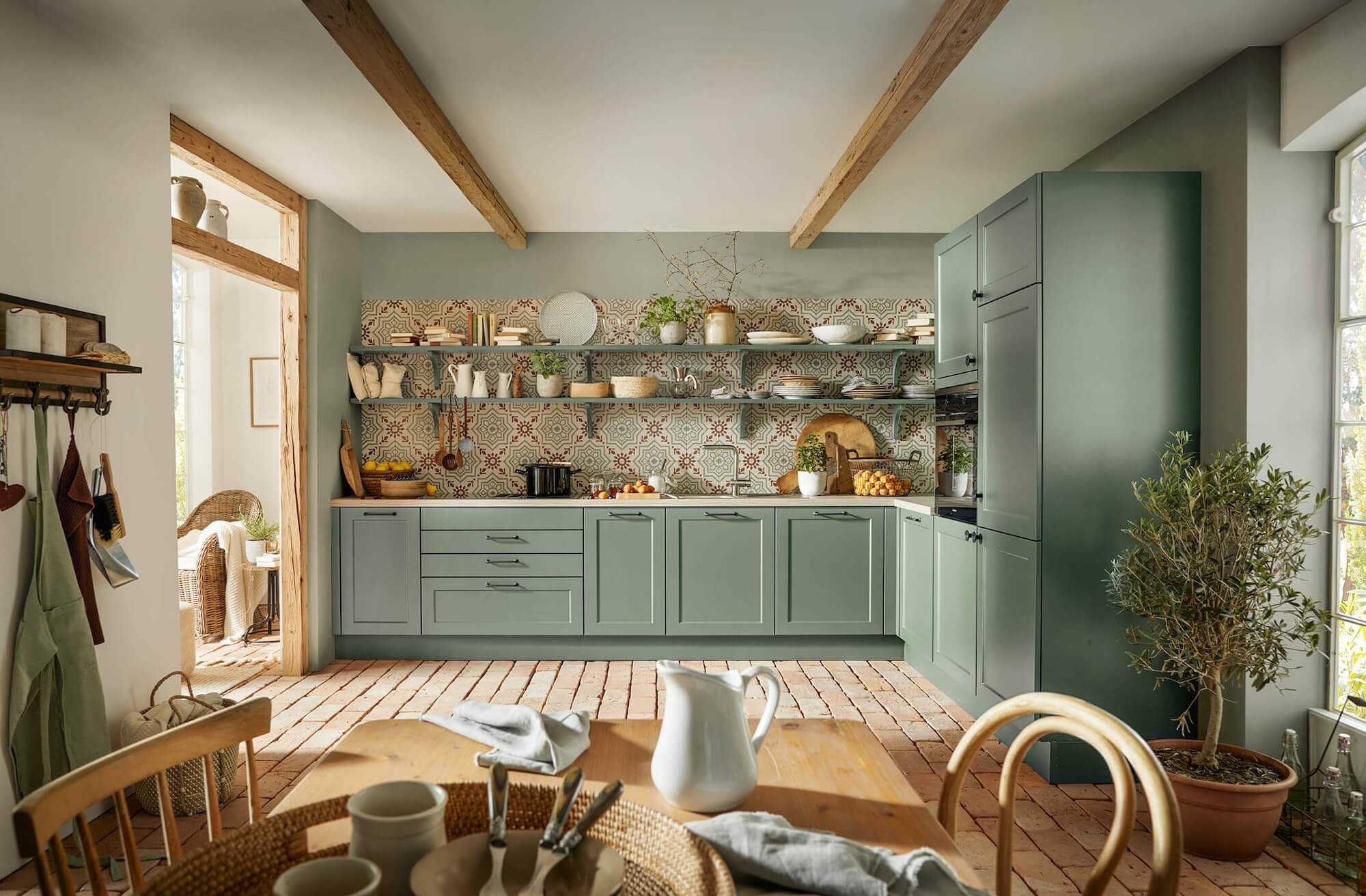 Schüller L-Küche Landhausstil mintgrün Landhausküche