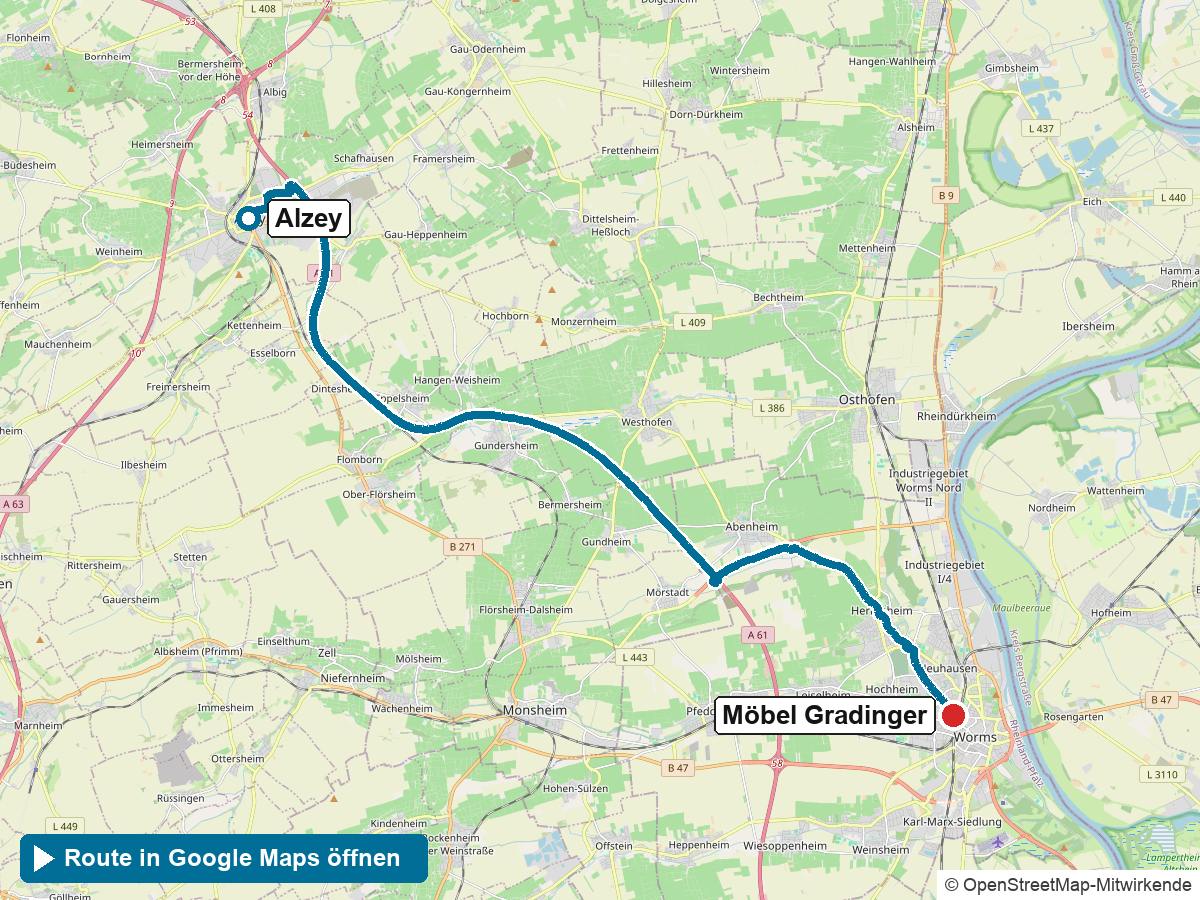 Anfahrt Küchenstudio Alzey: Route von Alzey zu Möbel Gradinger in Worms