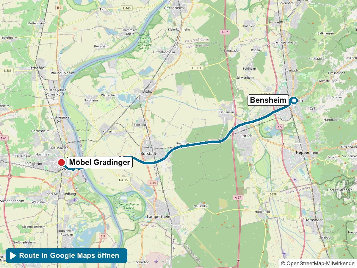 Anfahrt Küchenstudio Bensheim: Route von Bensheim zu Möbel Gradinger in Worms