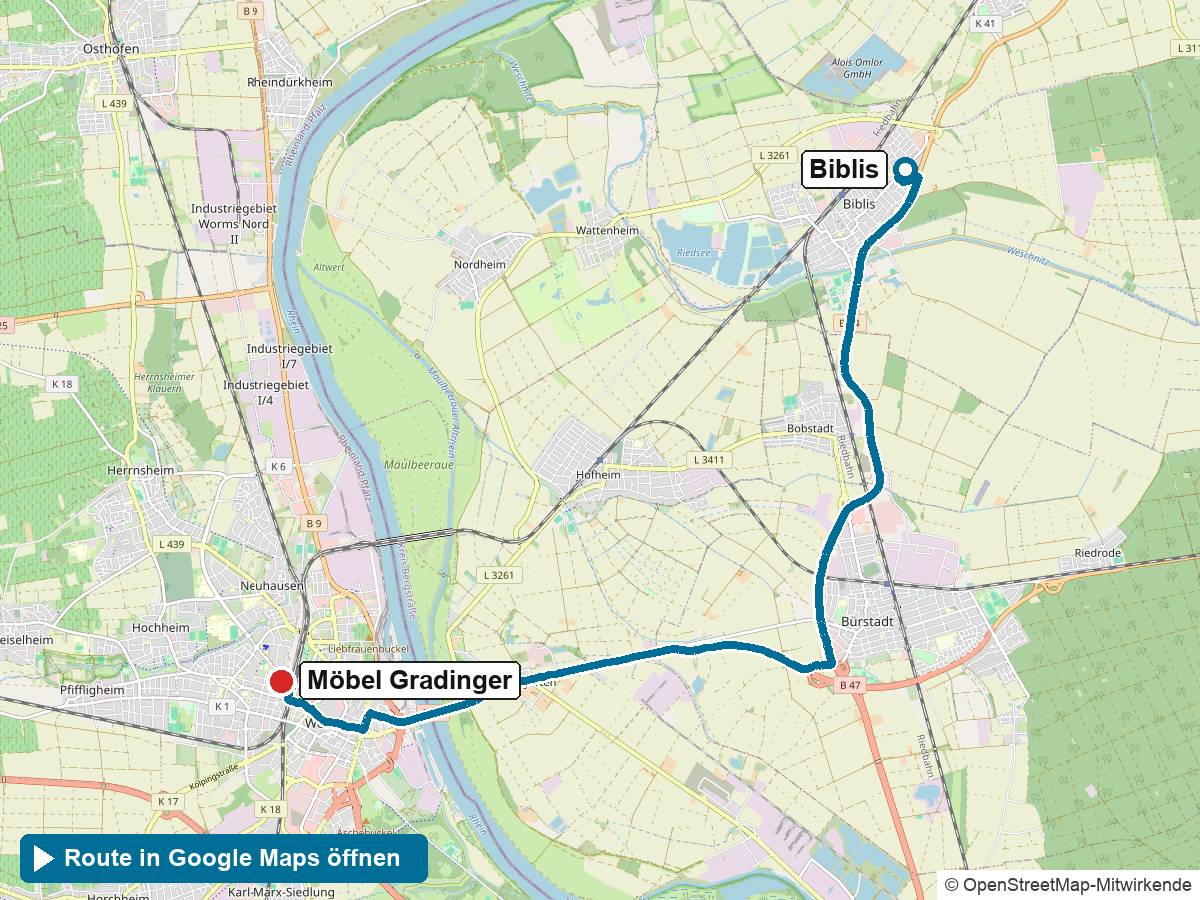 Anfahrt Küchenstudio Biblis: Route von Biblis zu Möbel Gradinger in Worms