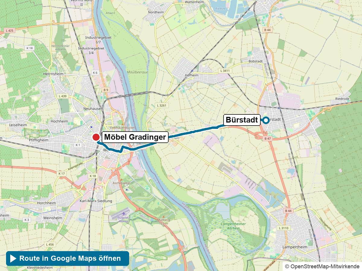 Anfahrt Küchenstudio Bürstadt: Route von Bürstadt zu Möbel Gradinger in Worms