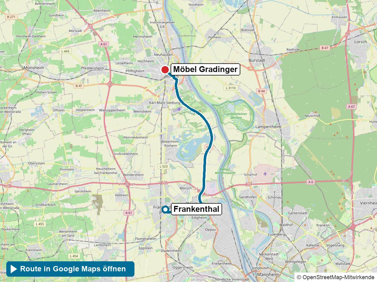 Anfahrt Küchenstudio Frankenthal: Route von Frankenthal zu Möbel Gradinger in Worms