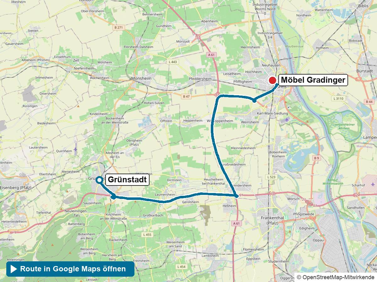 Anfahrt Küchenstudio Grünstadt: Route von Grünstadt zu Möbel Gradinger in Worms