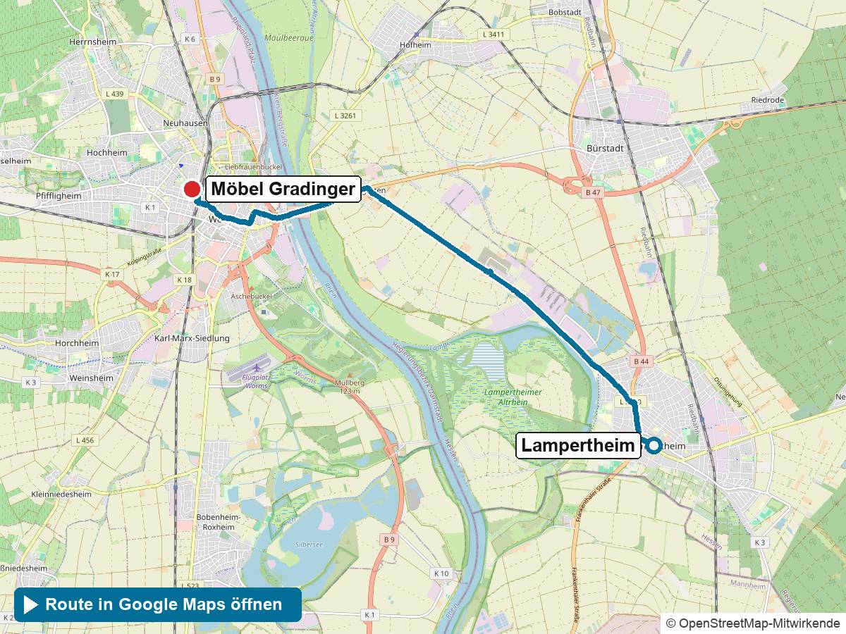 Anfahrt Küchenstudio Lampertheim: Route von Lampertheim zu Möbel Gradinger in Worms