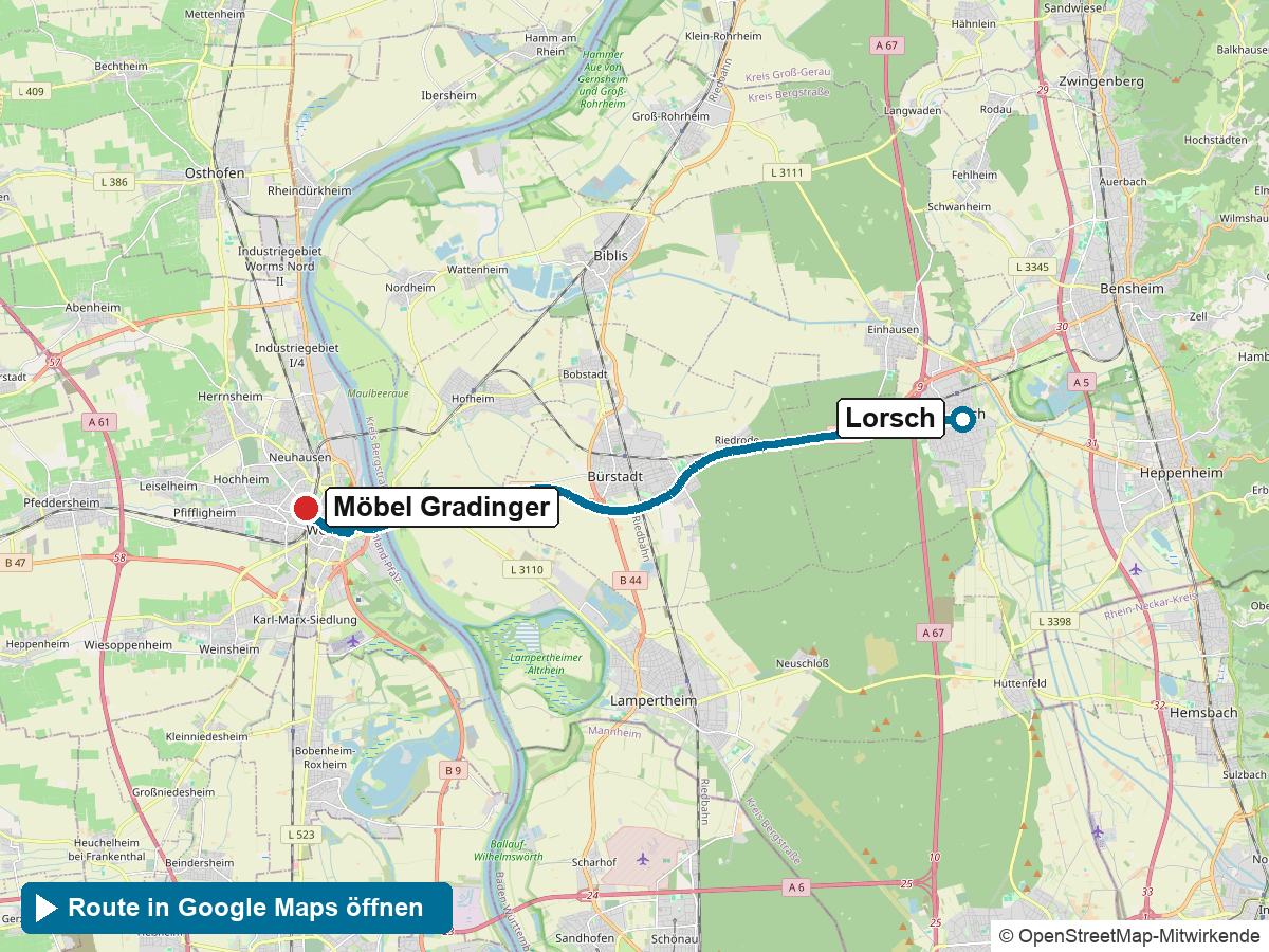 Anfahrt Küchenstudio Lorsch: Route von Lorsch zu Möbel Gradinger in Worms