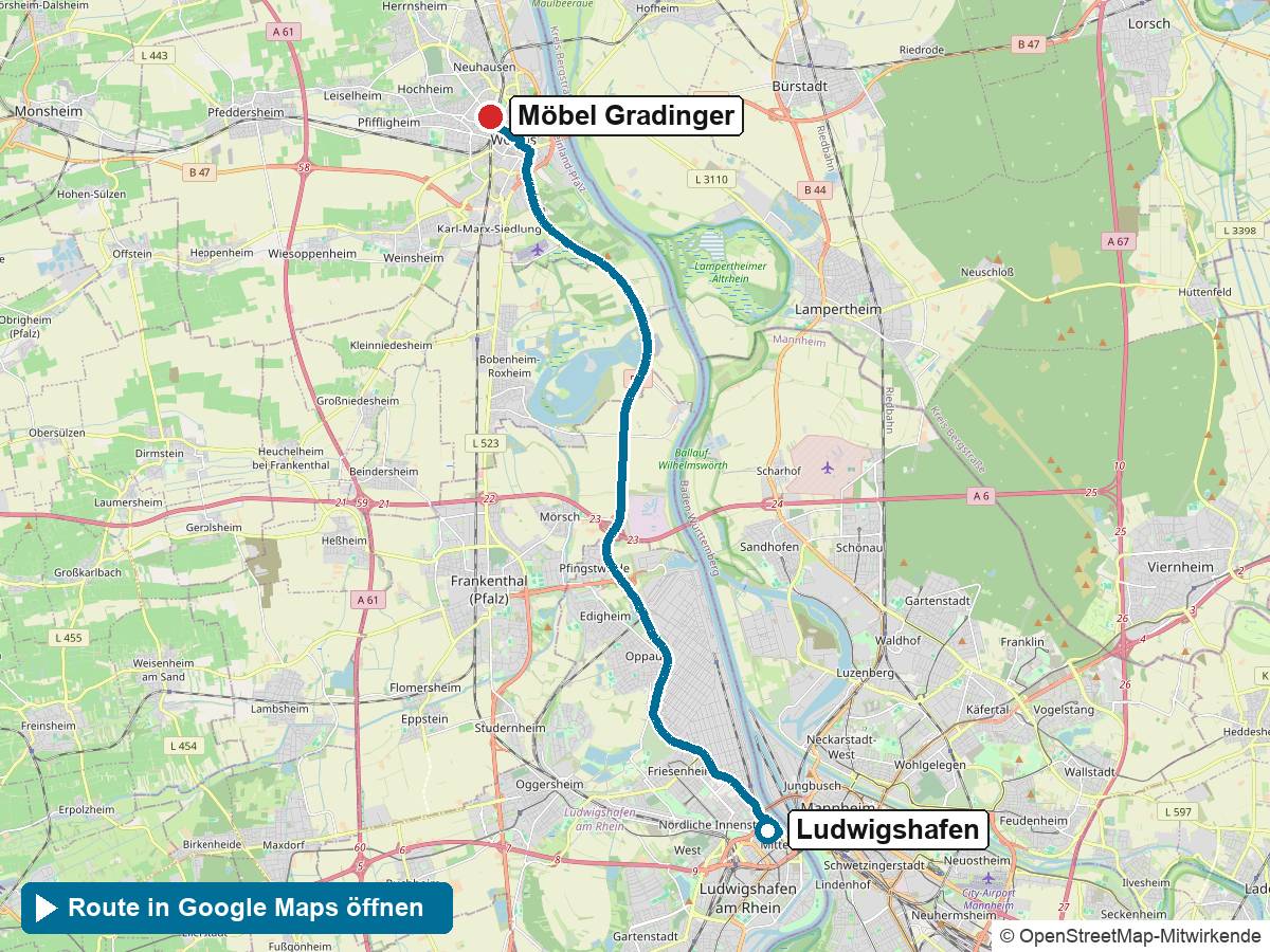 Anfahrt Küchenstudio Ludwigshafen: Route von Ludwigshafen zu Möbel Gradinger in Worms