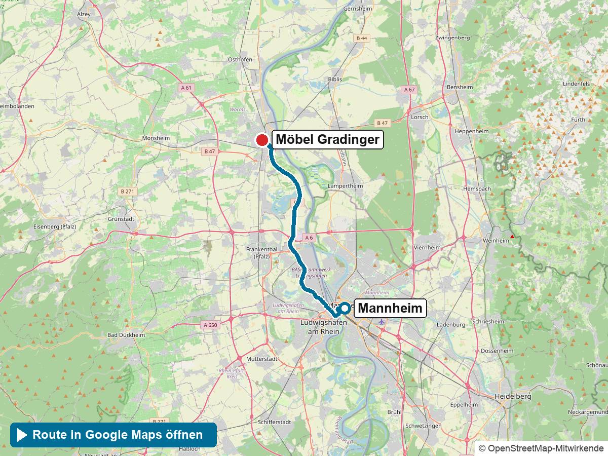 Anfahrt Küchenstudio Mannheim: Route von Mannheim zu Möbel Gradinger in Worms