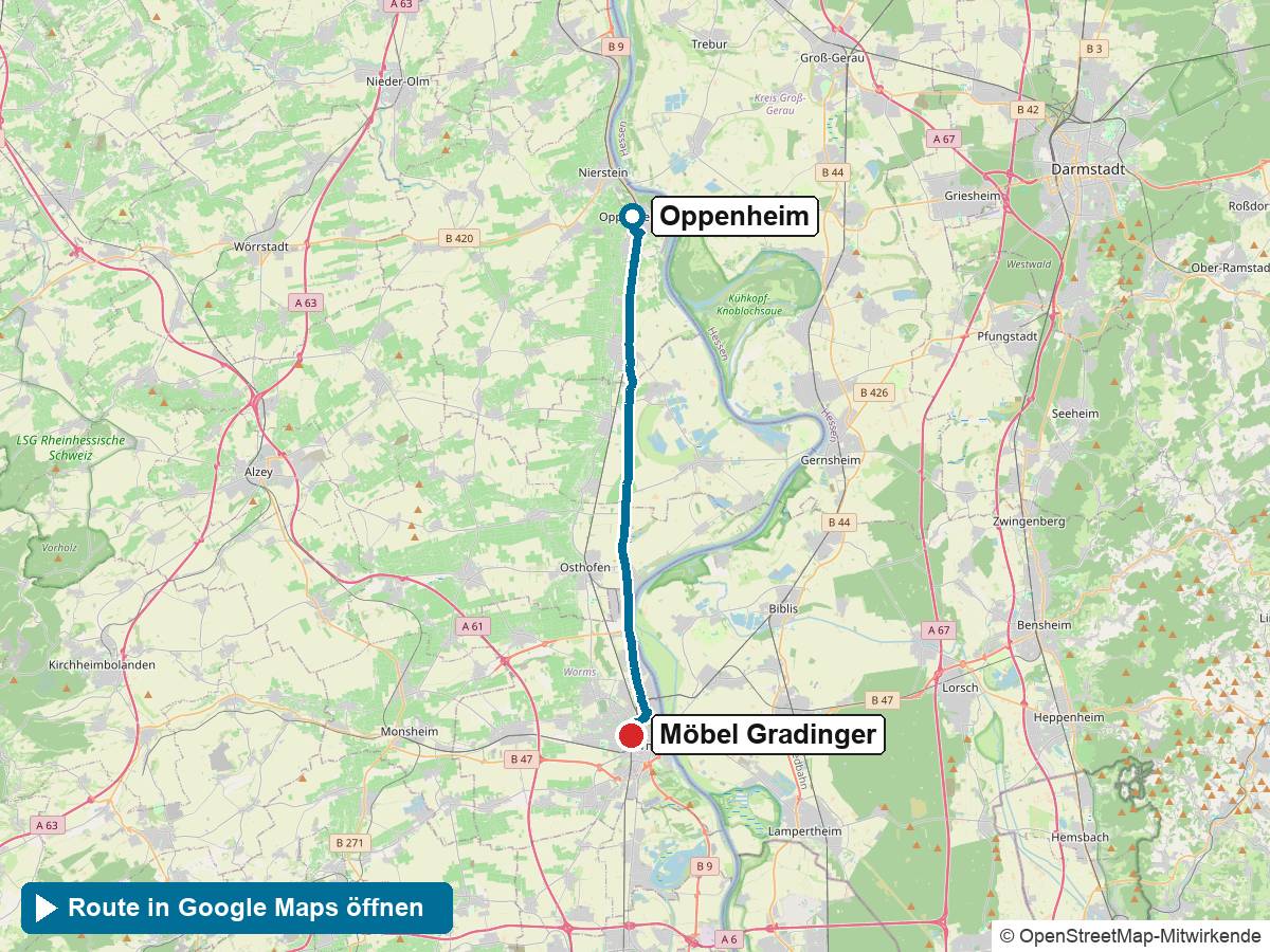 Anfahrt Küchenstudio Oppenheim: Route von Oppenheim zu Möbel Gradinger in Worms