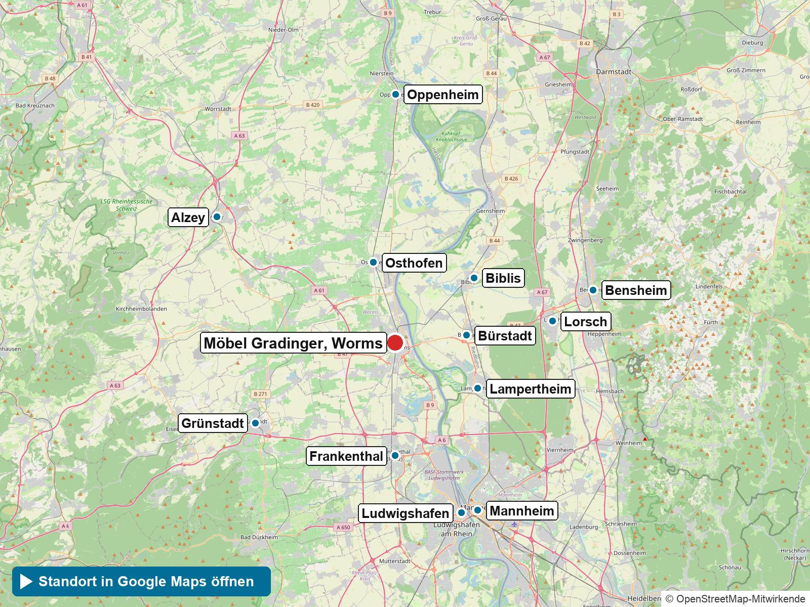 Anfahrt aus dem Umland: Karte mit Möbel Gradinger in Worms und den Orten der Region