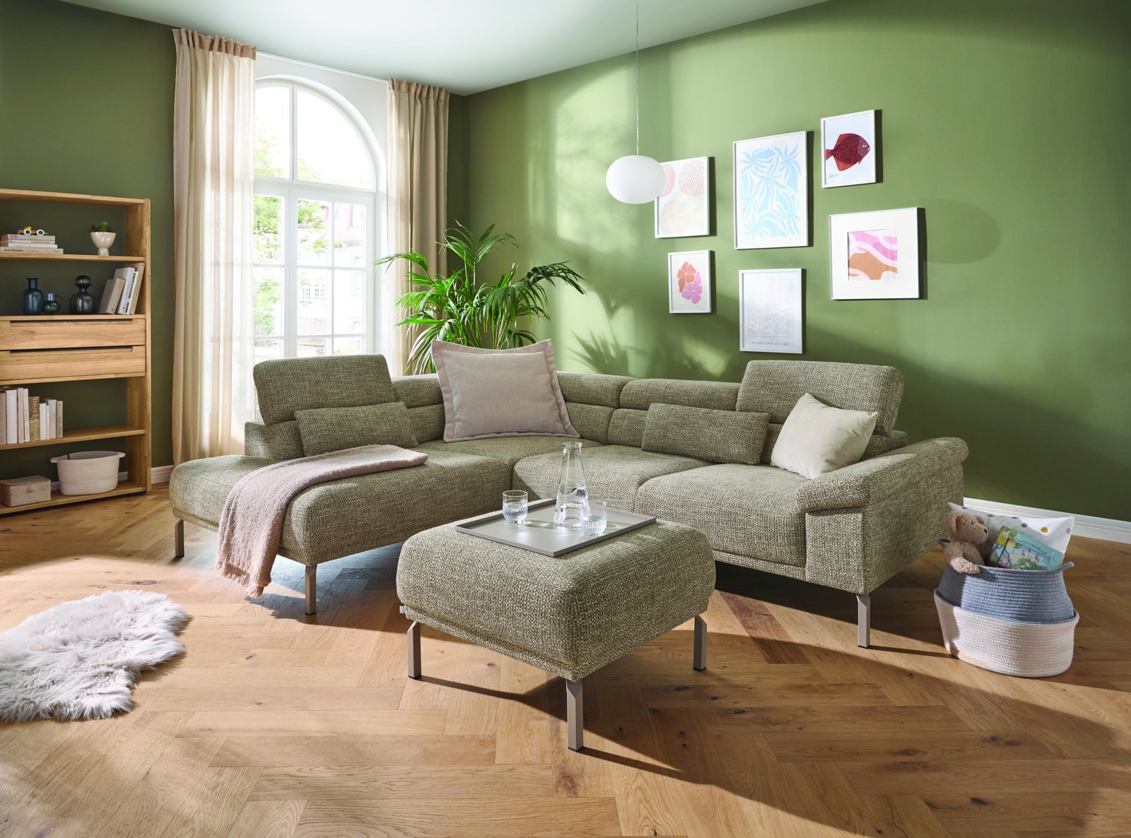 Global Wohnen Ecksofa Bolonia mit Hocker in Stoff Milano greige im Wohnzimmer