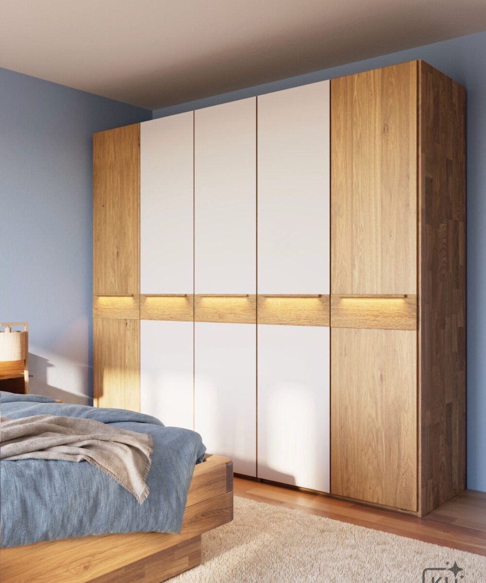 Natura Home Kleiderschrank Baltimore in Eiche massiv mit Glastüren und LED-Beleuchtung